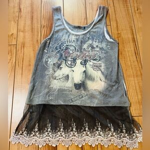 Woman’s Green & Cream Graphic Muscle Tank with Lace Hem